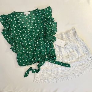 NWT Green with white print crossover top